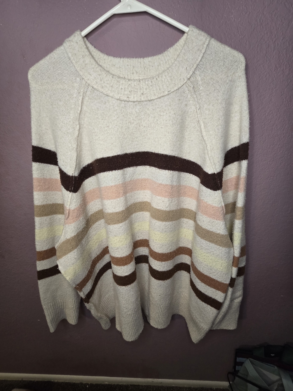 aerie Cream Crewneck Sweater with Brown, Pink & Yellow Stripes